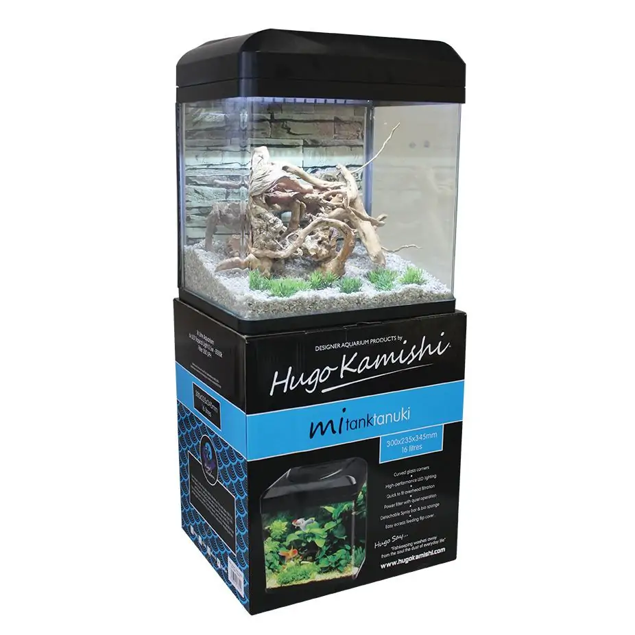 Hugo Kamishi Tanhki Fish tank sitting on the box that it comes in.